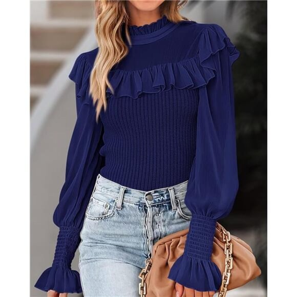Blue Ribbed Knit Chiffon Ruffle Mesh Sheer Long Puff Sleeve‎ Sweater Top Blouse - Picture 5 of 7